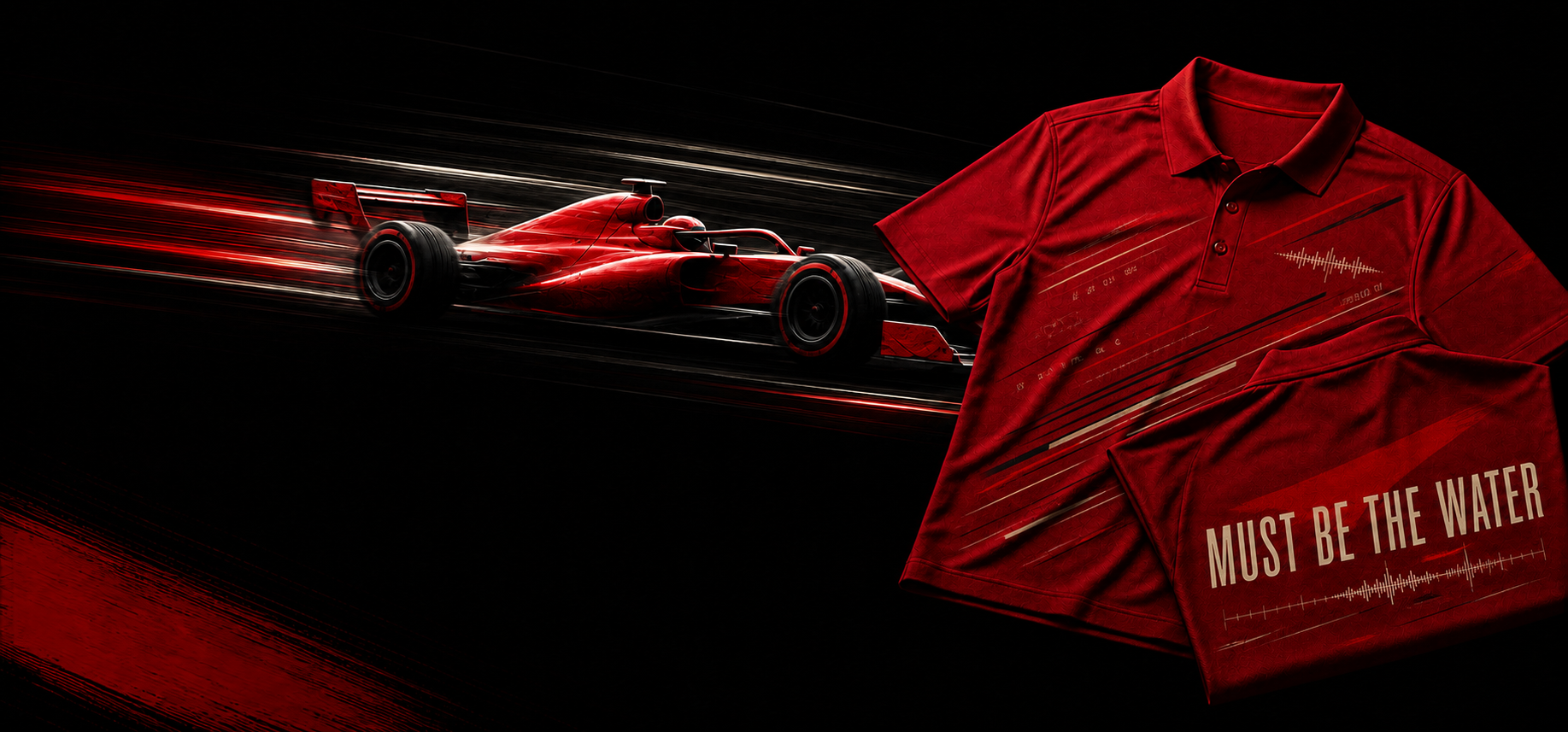 Designed red team radio polo with an anonymous red open-wheel racing car sweeping past