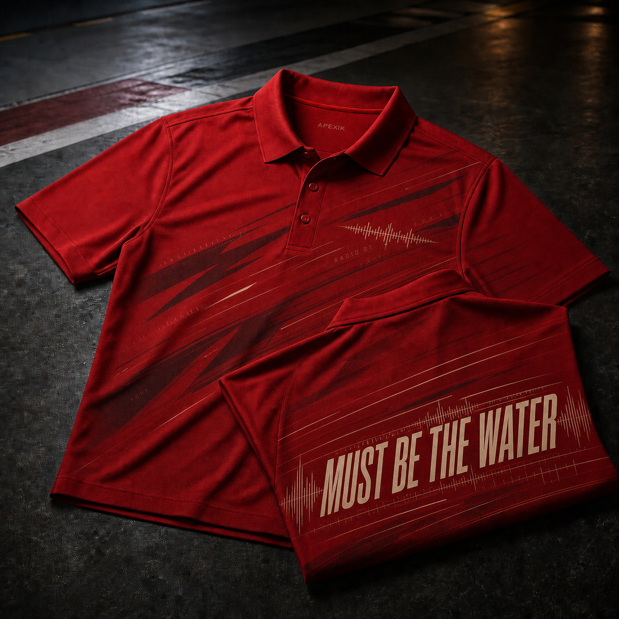 MUST BE THE WATER red radio polo with racing speed graphics
